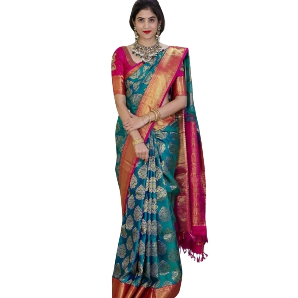 Women's Silk Printed Saree With Unstitched Blouse 5.5mtr (teal Blue) | Women Signature Collection