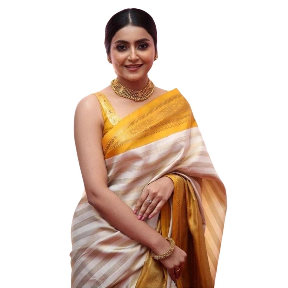 Women's Silk Printed Saree With Unstitched Blouse 5.5mtr (off White Yellow) | Women Signature Collection
