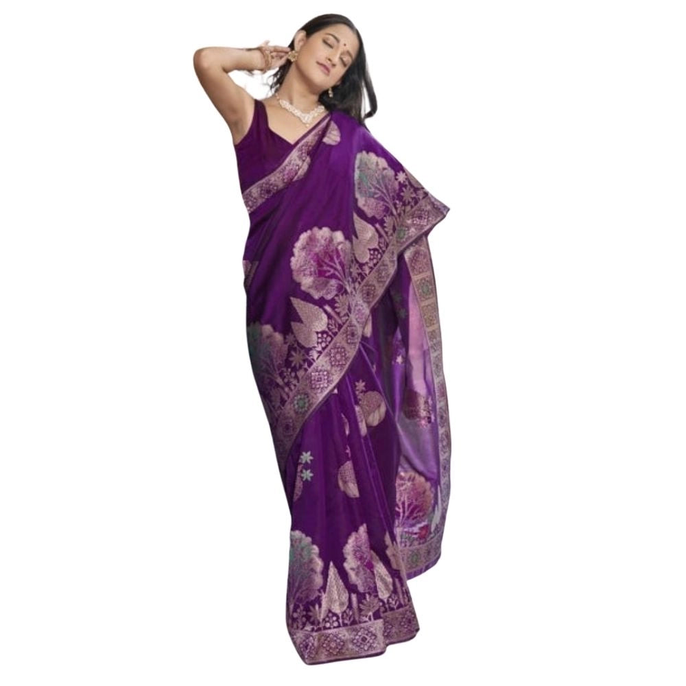 Women's Silk Printed Saree With Unstitched Blouse 5.5mtr (purple) | Women Signature Collection