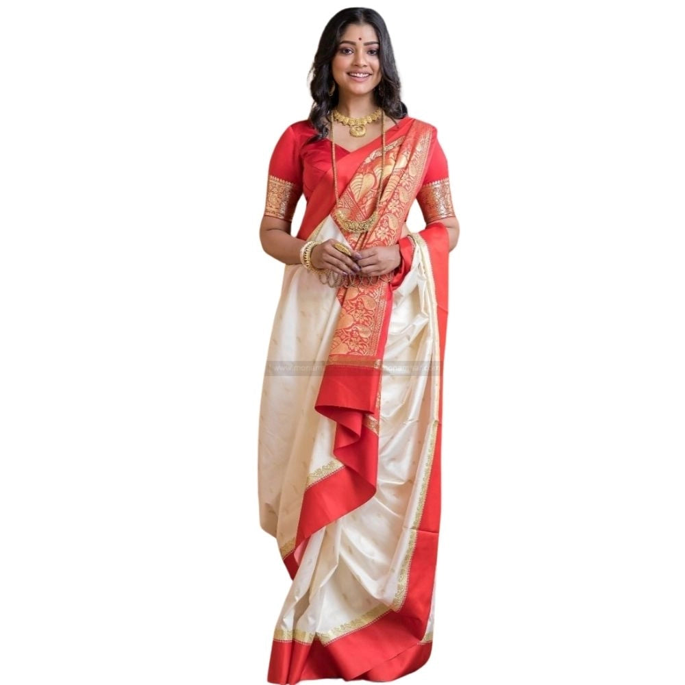 Women's Silk Printed Saree With Unstitched Blouse 5.5mtr (white Red) | Women Signature Collection