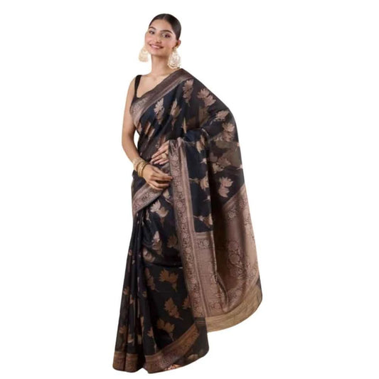 Women's Silk Printed Saree With Unstitched Blouse 5.5mtr (black) | Women Signature Collection