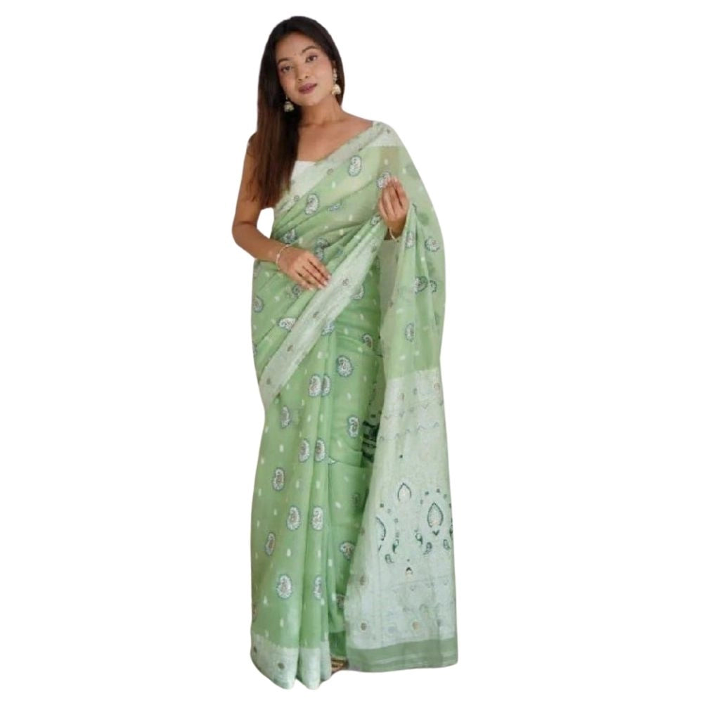 Women's Cotton Printed Saree With Unstitched Blouse 5.5mtr (pista) | Women Signature Collection