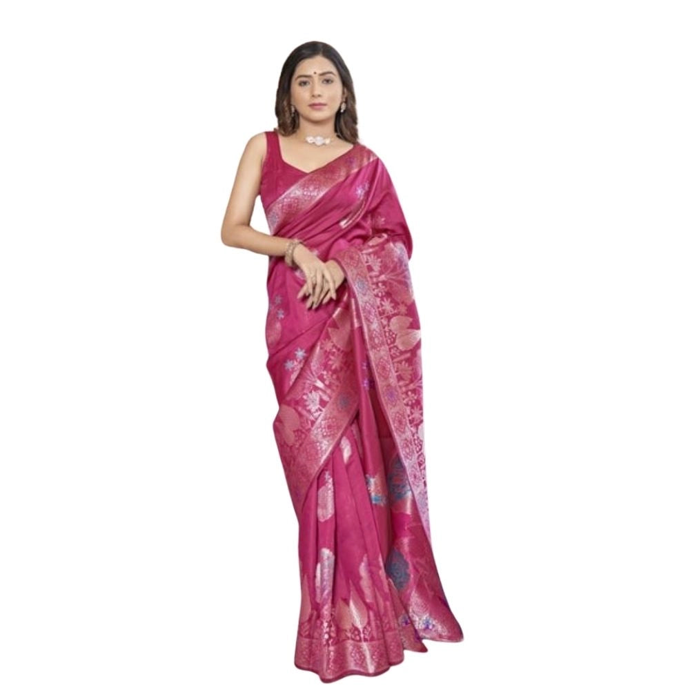 Women's Silk Printed Saree With Unstitched Blouse 5.5mtr (rani Pink) | Women Signature Collection