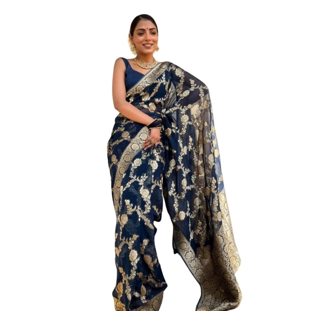 Women's Silk Printed Saree With Unstitched Blouse 5.5mtr (dark Blue) | Women Signature Collection