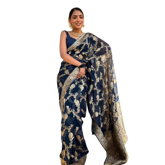 Women's Silk Printed Saree With Unstitched Blouse 5.5mtr (dark Blue) | Women Signature Collection