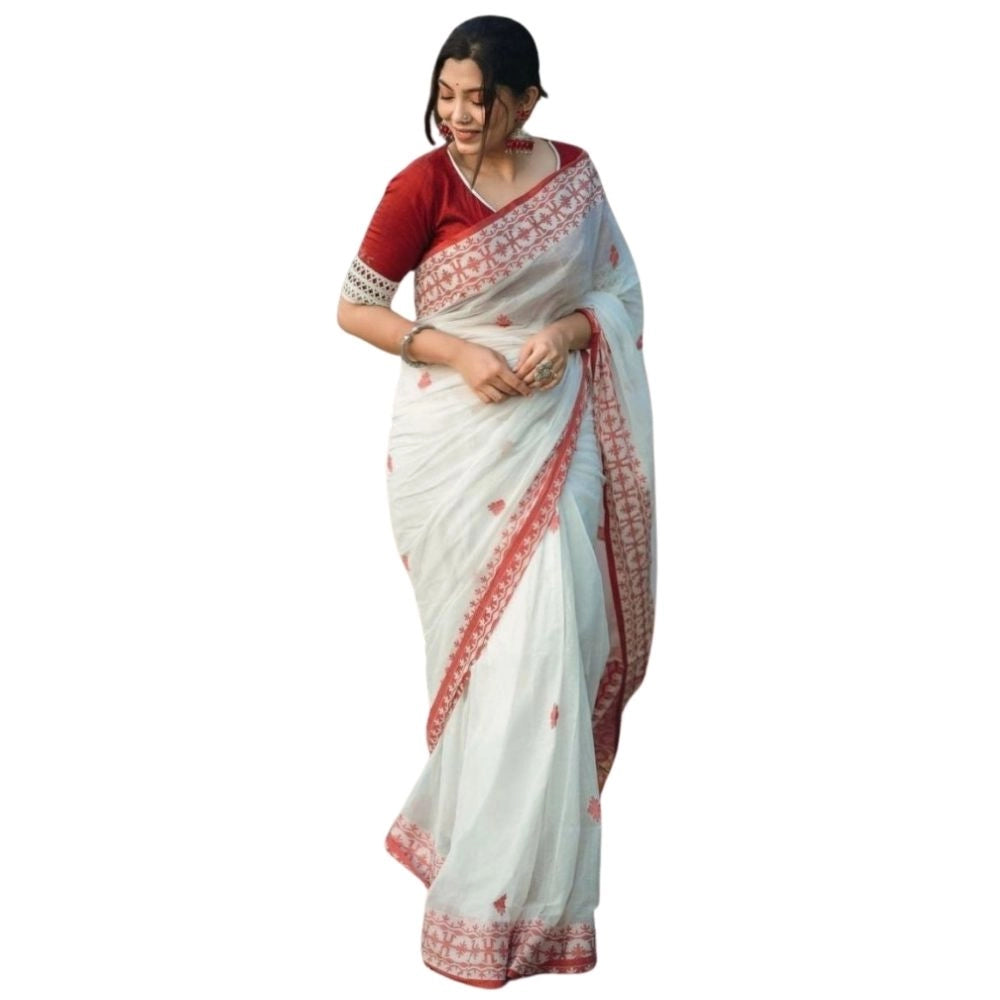 Women's Cotton Printed Saree With Unstitched Blouse 5.5mtr (white Red) | Women Signature Collection