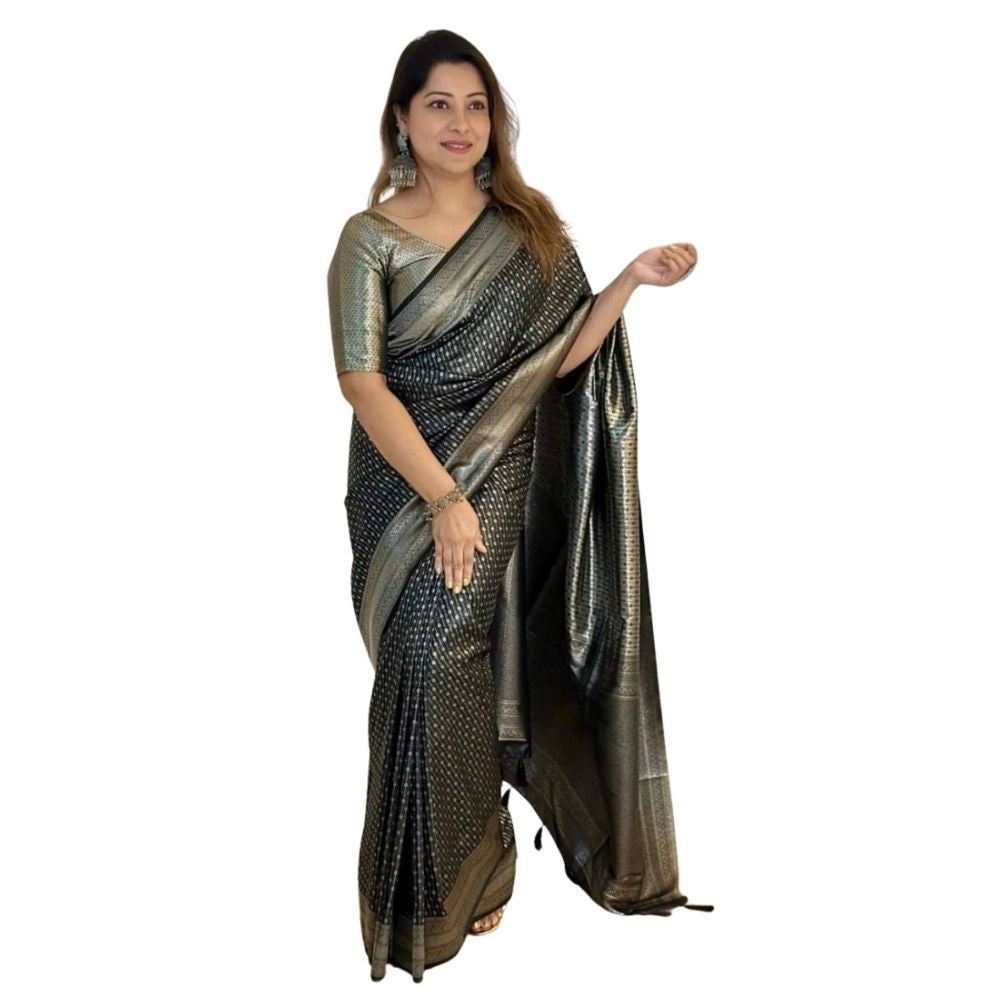 Women's Silk Printed Saree With Unstitched Blouse 5.5mtr (black) | Women Signature Collection