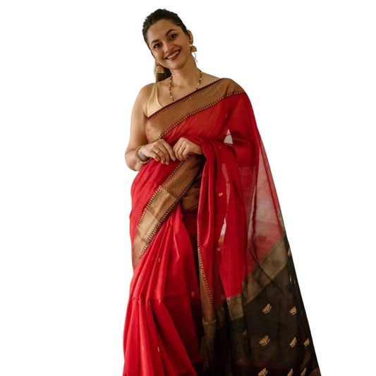Women's Cotton Printed Saree With Unstitched Blouse 5.5mtr (red) | Women Signature Collection