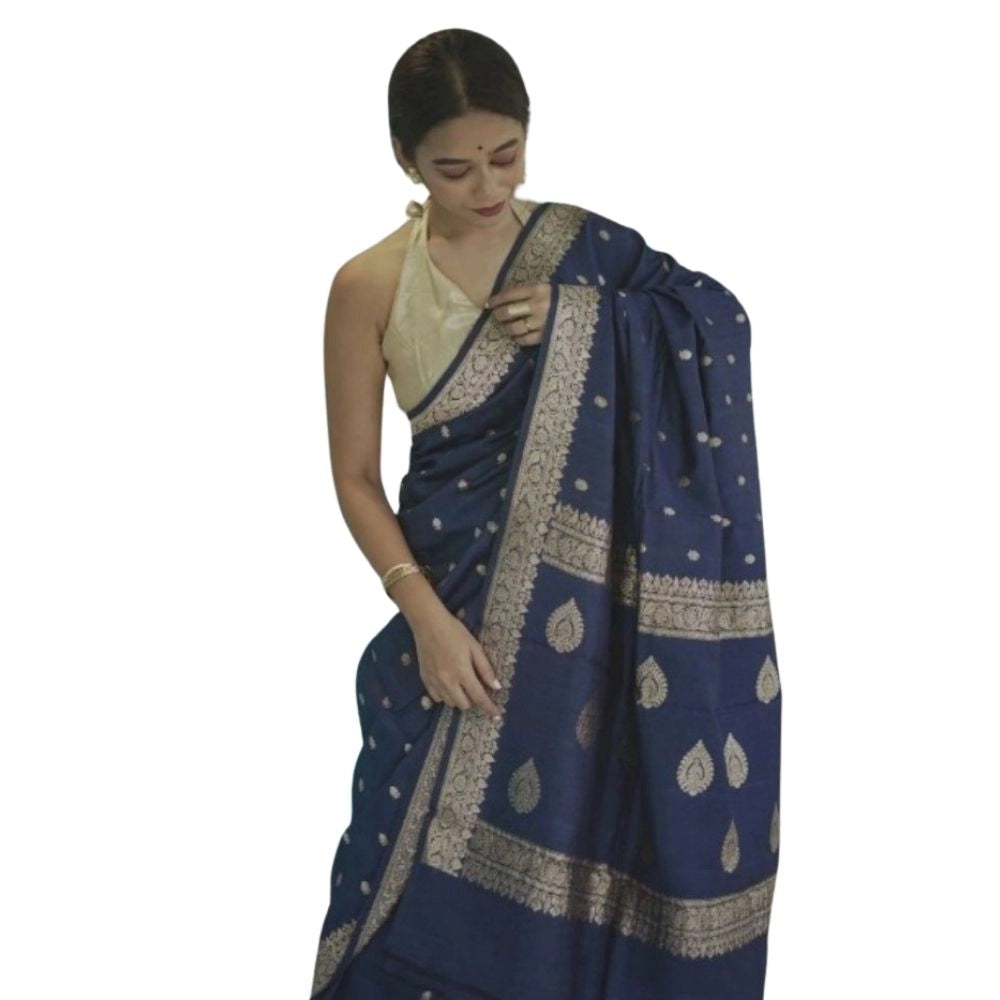 Women's Cotton Printed Saree With Unstitched Blouse 5.5mtr (navy Blue) | Women Signature Collection