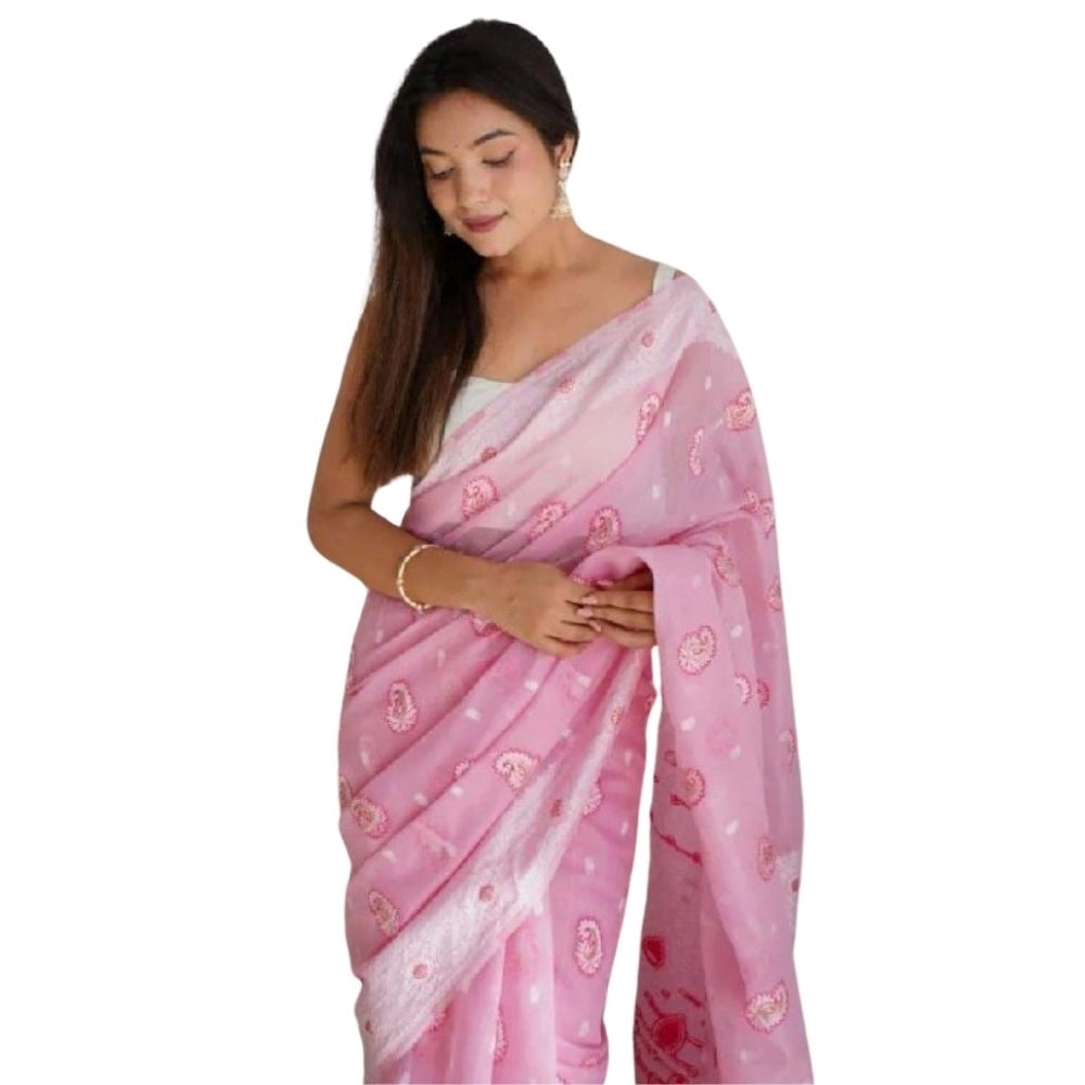 Women's Cotton Printed Saree With Unstitched Blouse 5.5mtr (pink) | Women Signature Collection