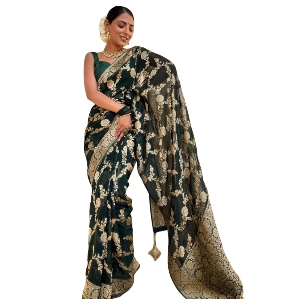 Women's Silk Printed Saree With Unstitched Blouse 5.5mtr (dark Green) | Women Signature Collection