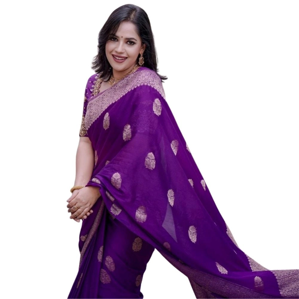 Women's Silk Printed Saree With Unstitched Blouse 5.5mtr (purple) | Women Signature Collection
