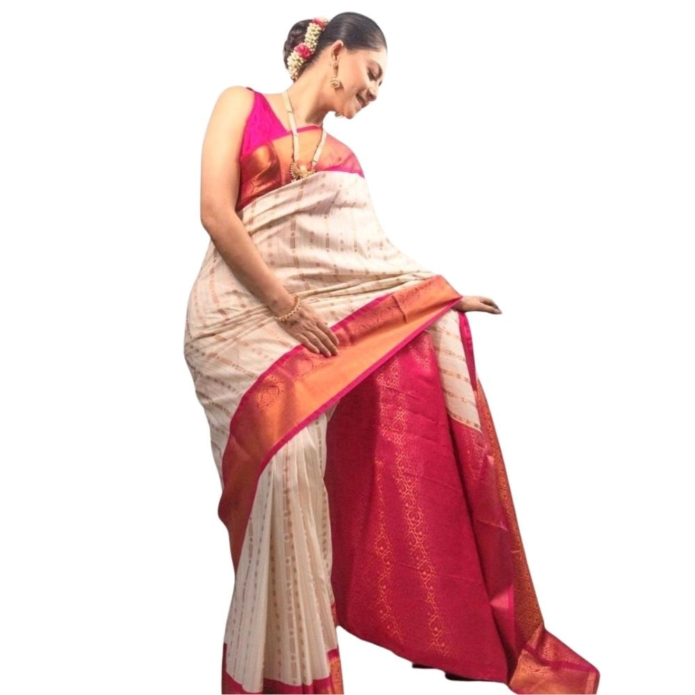 Women's Silk Printed Saree With Unstitched Blouse 5.5mtr (white Pink) | Women Signature Collection