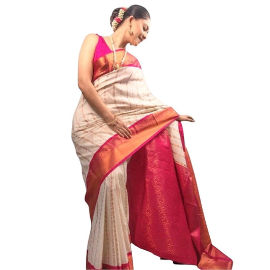 Women's Silk Printed Saree With Unstitched Blouse 5.5mtr (white Pink) | Women Signature Collection