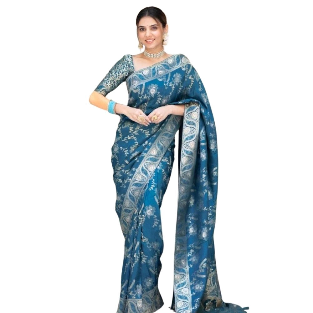 Women's Silk Printed Saree With Unstitched Blouse 5.5mtr (teal Blue) | Women Signature Collection