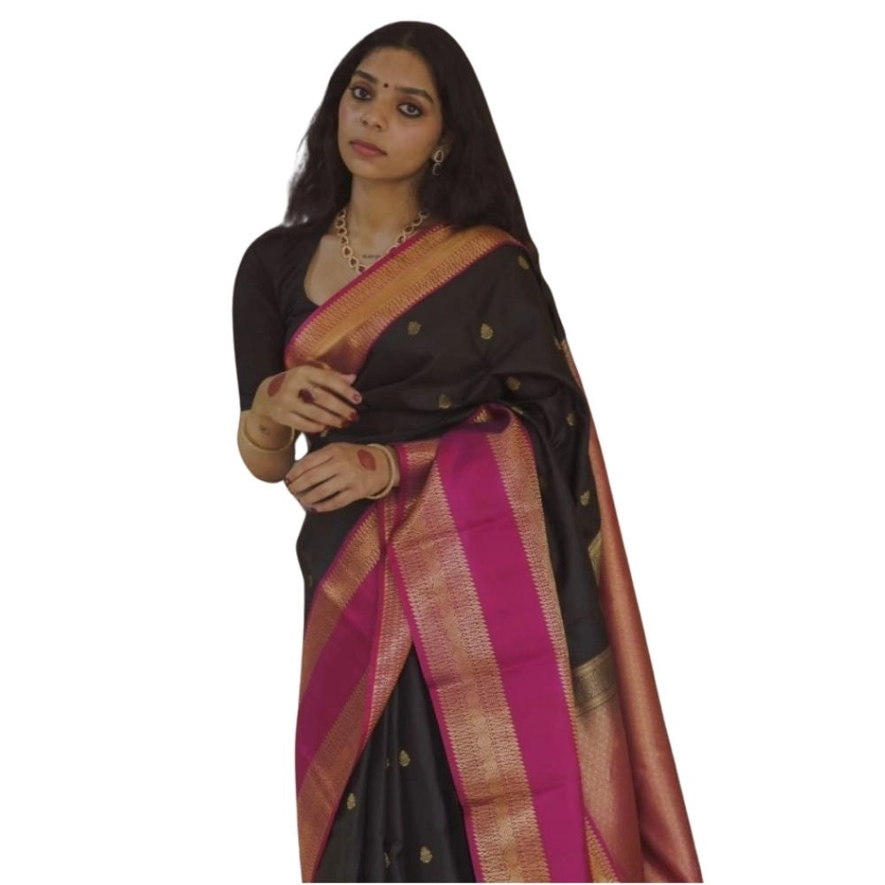 Women's Silk Printed Saree With Unstitched Blouse 5.5mtr (black Pink) | Women Signature Collection