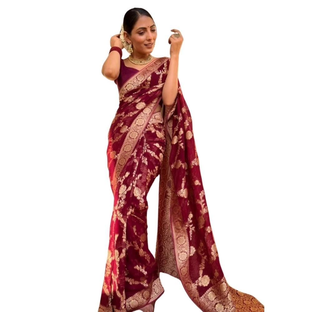Women's Silk Printed Saree With Unstitched Blouse 5.5mtr (maroon) | Women Signature Collection