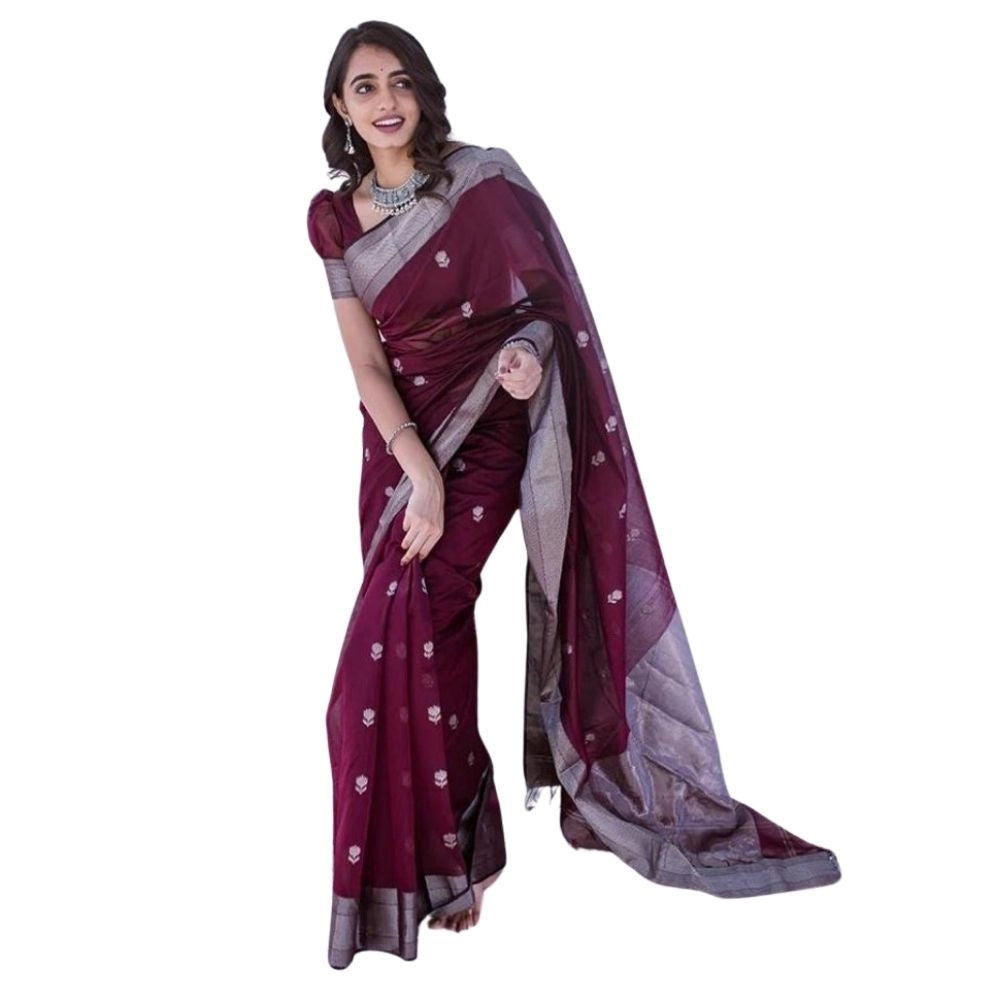 Women's Cotton Printed Saree With Unstitched Blouse 5.5mtr (maroon) | Women Signature Collection