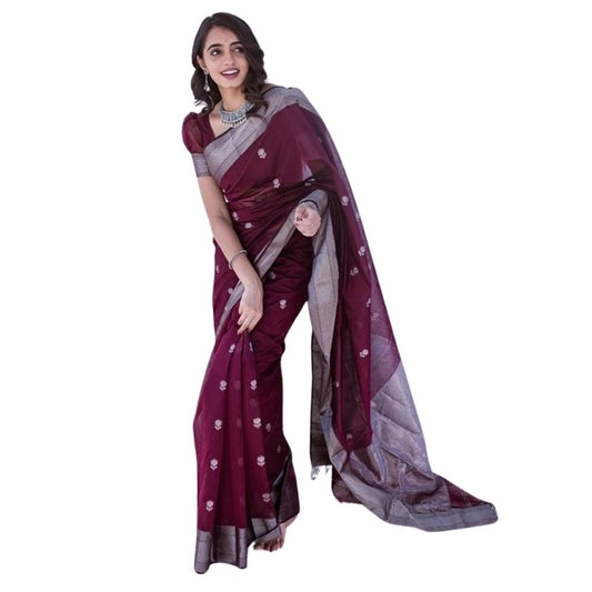 Women's Cotton Printed Saree With Unstitched Blouse 5.5mtr (maroon) | Women Signature Collection