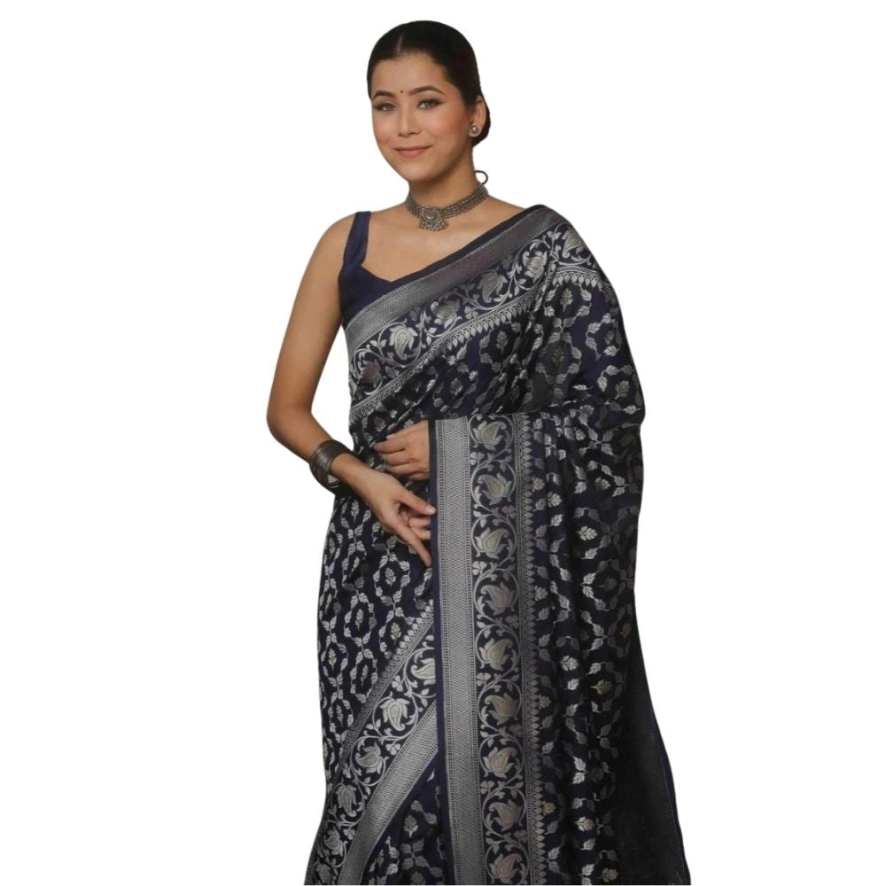Women's Silk Printed Saree With Unstitched Blouse 5.5mtr (navy Blue) | Women Signature Collection