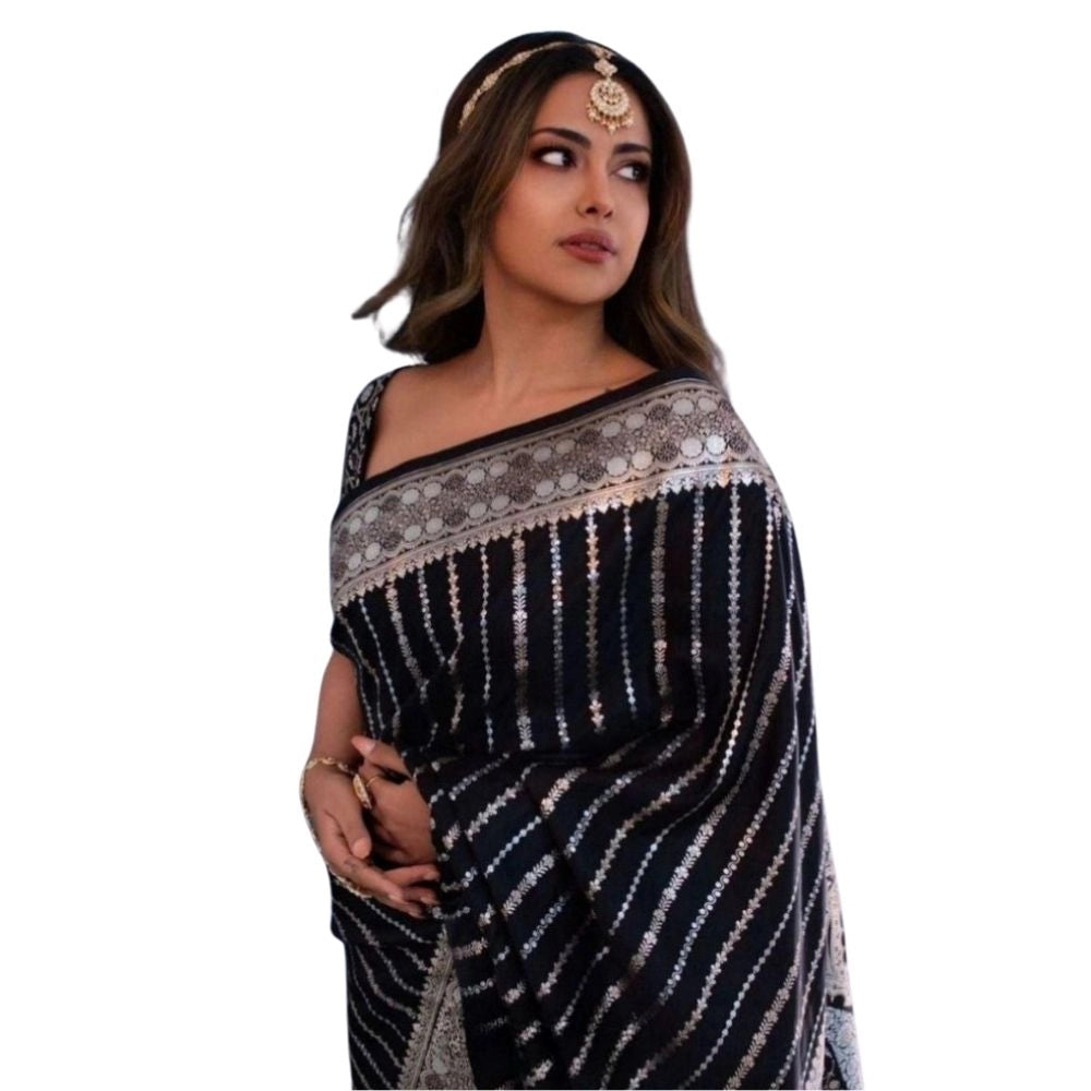 Women's Silk Printed Saree With Unstitched Blouse 5.5mtr (black) | Women Signature Collection