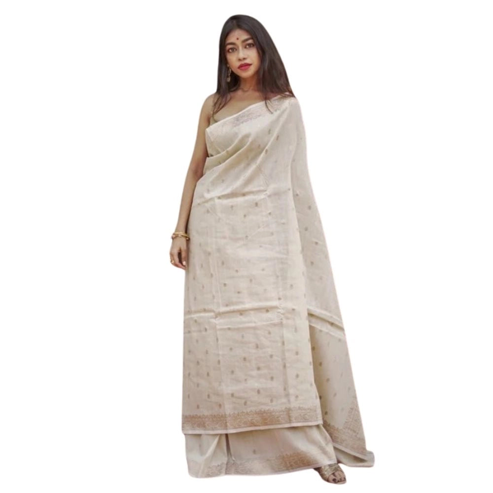Women's Cotton Printed Saree With Unstitched Blouse 5.5mtr (cream) | Women Signature Collection