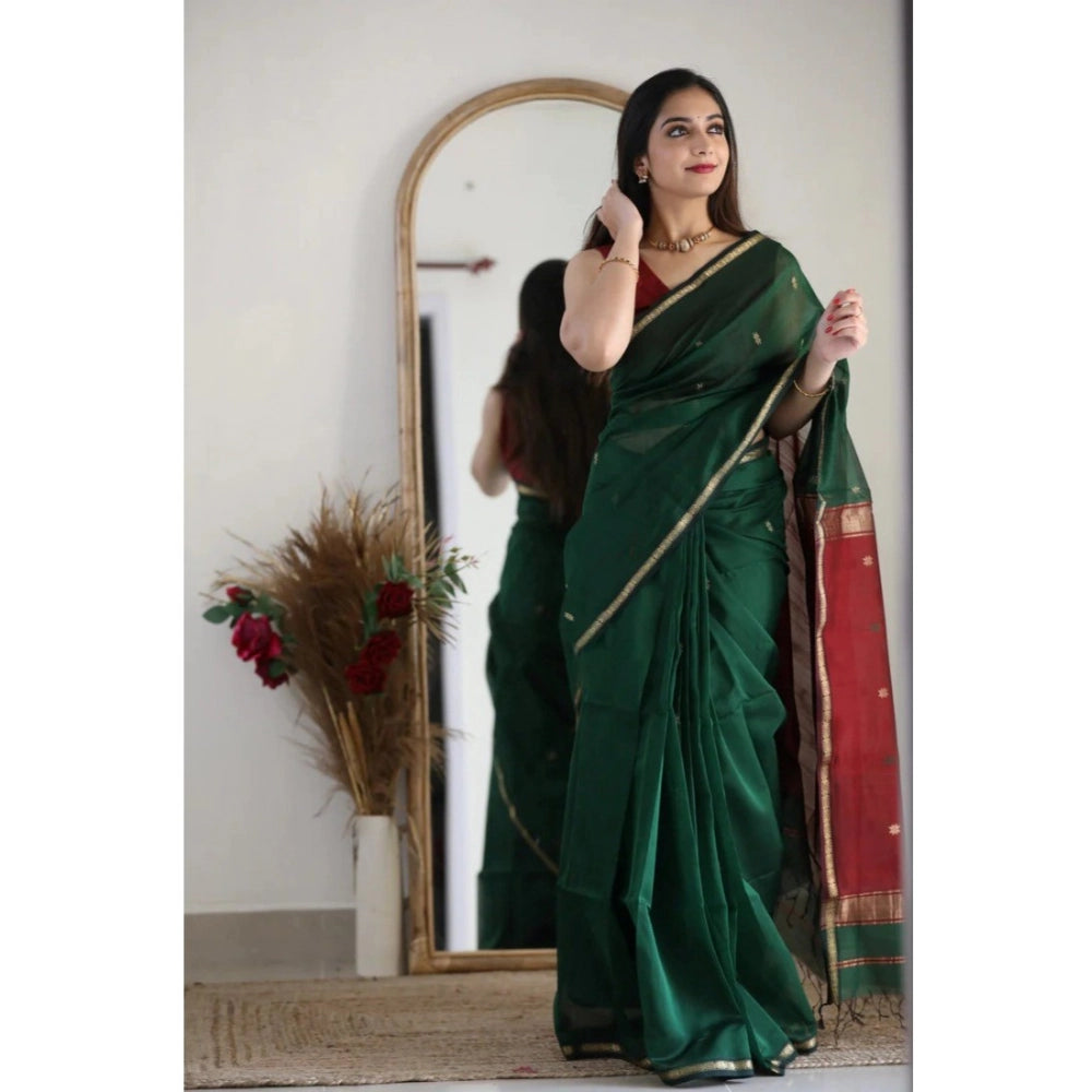 Women's Cotton Printed Saree With Unstitched Blouse 5.5mtr (dark Green) | Women Signature Collection