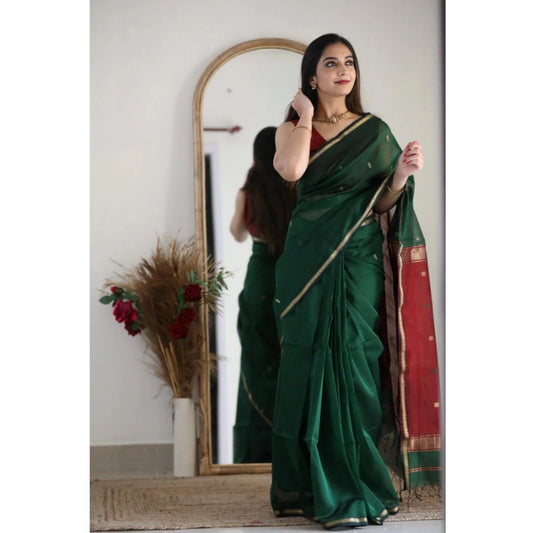 Women's Cotton Printed Saree With Unstitched Blouse 5.5mtr (dark Green) | Women Signature Collection