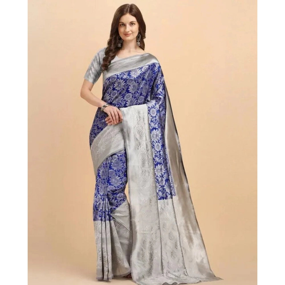Women's Soft Lichi Silk Printed Saree With Unstitched Blouse 5.5mtr (blue) | Women Signature Collection
