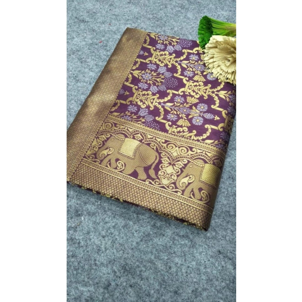 Women's Soft Lichi Silk Printed Saree With Unstitched Blouse 5.5mtr (purple) | Women Signature Collection