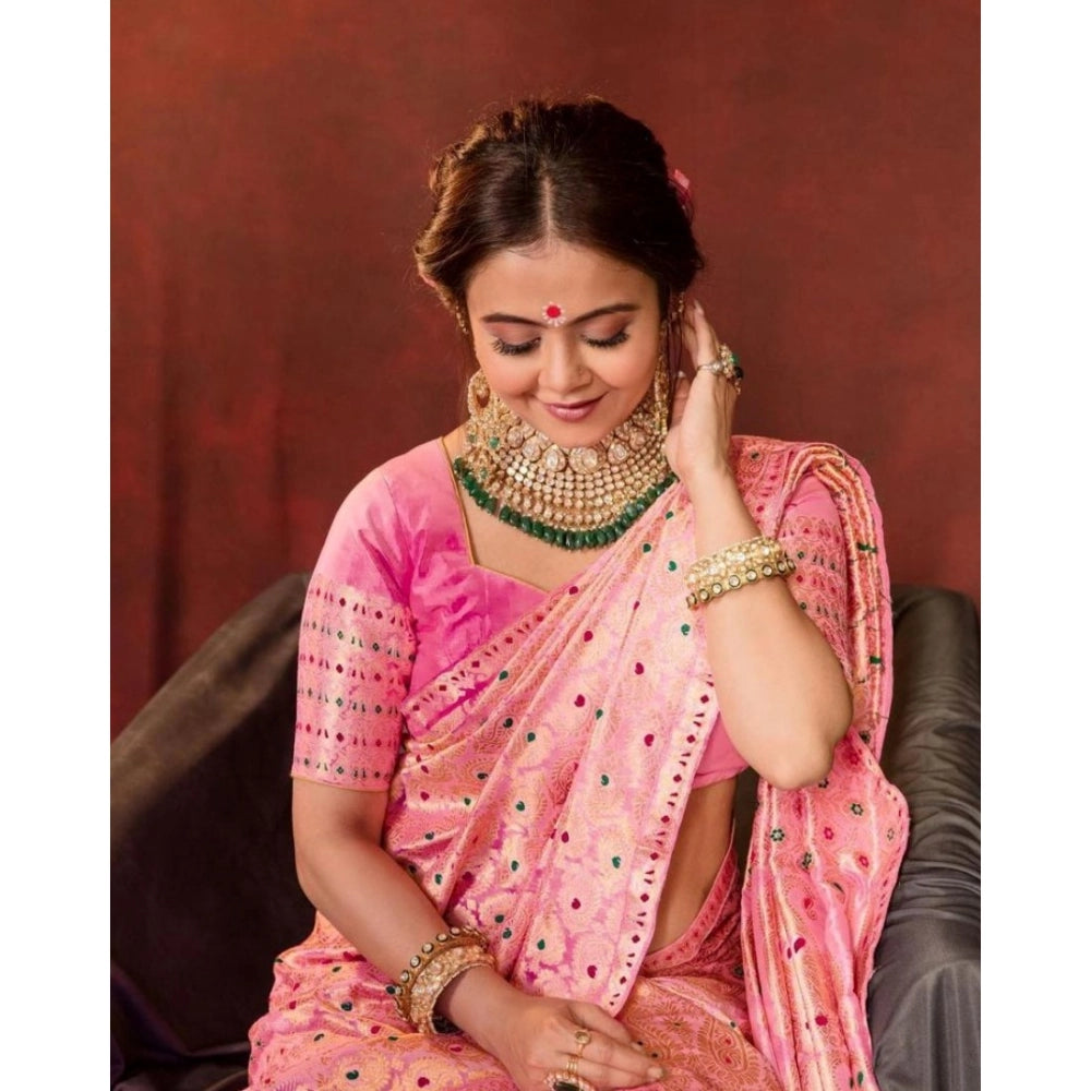 Women's Soft Lichi Silk Printed Saree With Unstitched Blouse 5.5mtr (pink) | Women Signature Collection