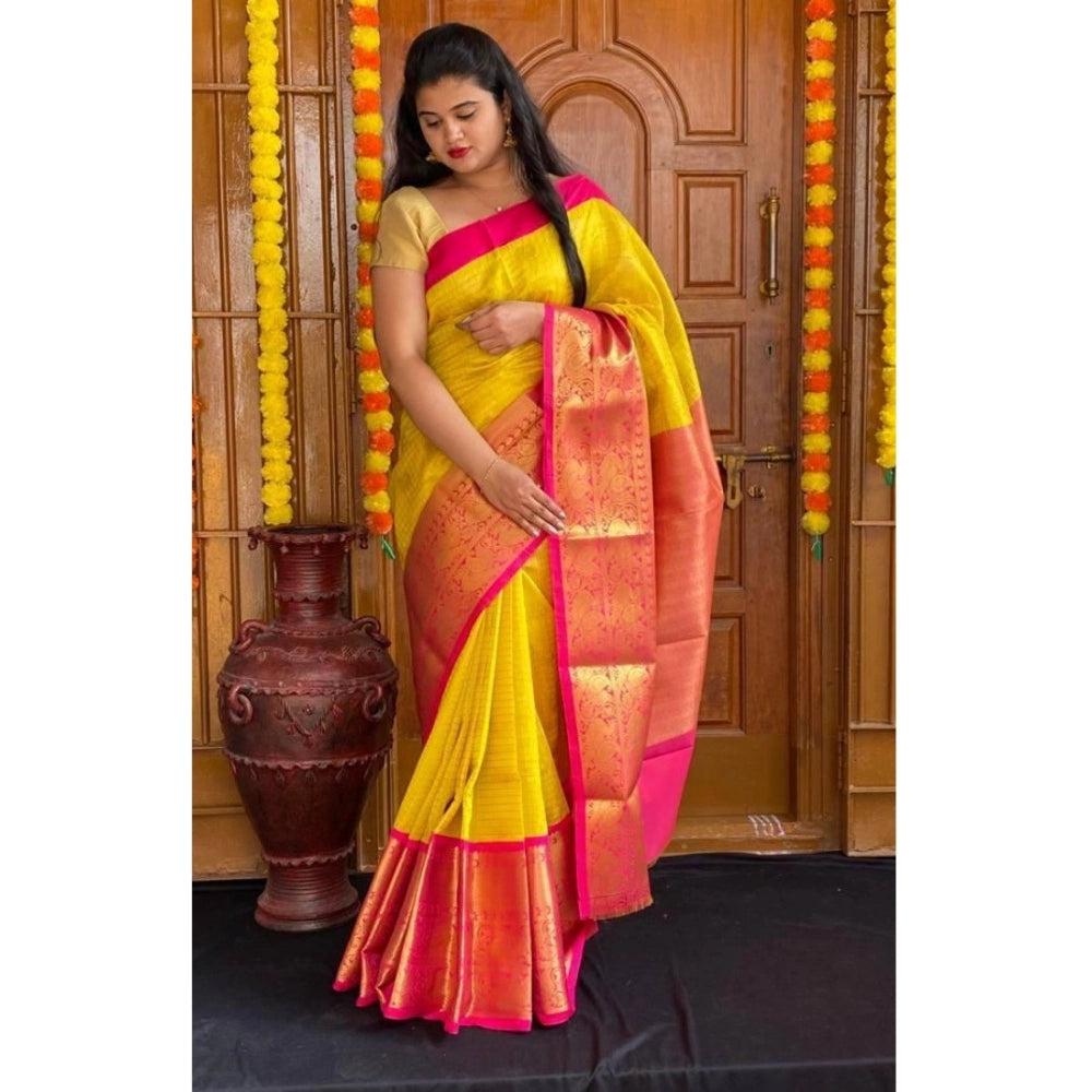 Women's Soft Lichi Silk Printed Saree With Unstitched Blouse 5.5mtr (yellow) | Women Signature Collection