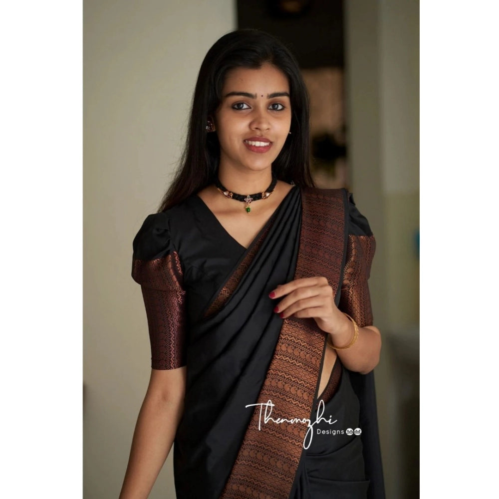 Women's Soft Lichi Silk Solid Saree With Unstitched Blouse 5.5mtr (black) | Women Signature Collection