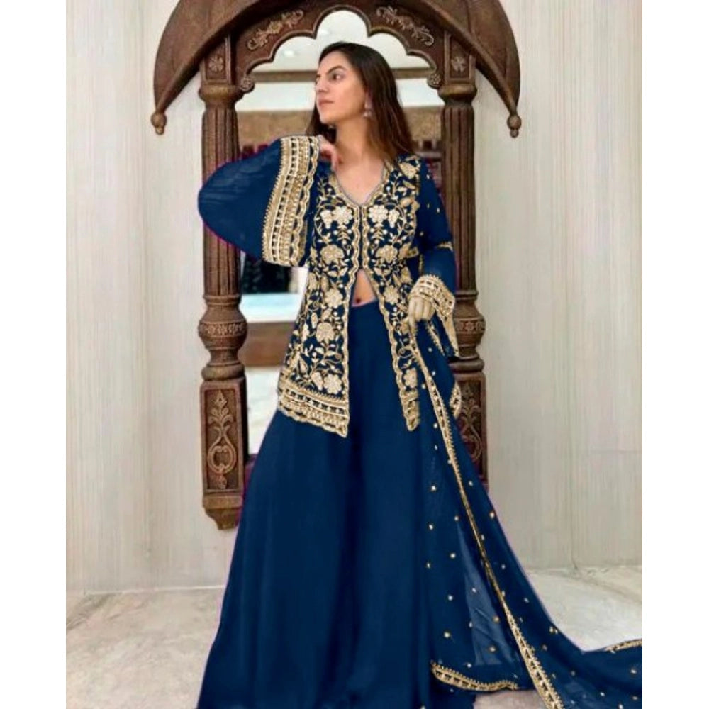 Women's Georgette Embroidery 3 4th Sleeve V Neck Kurti, Palazzo And Dupatta Set (morpich) | Women Signature Collection