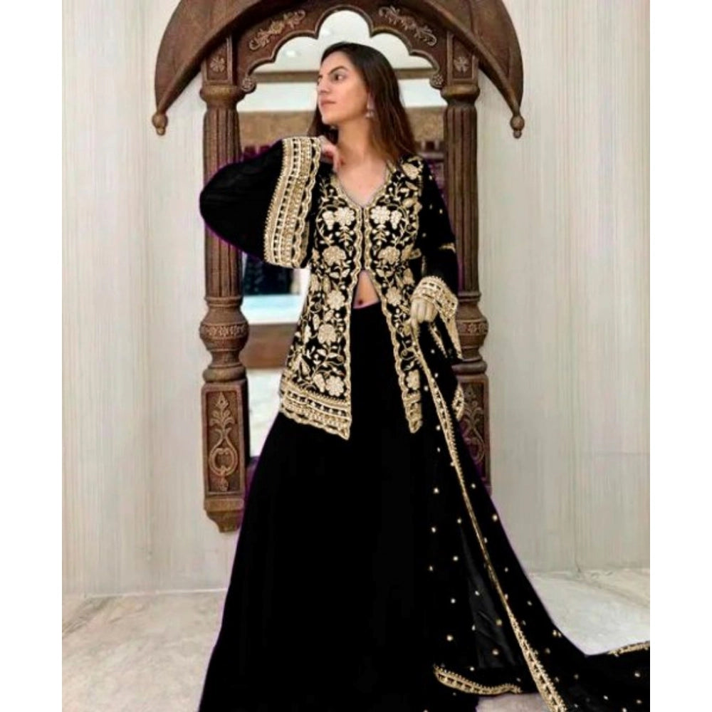 Women's Georgette Embroidery 3 4th Sleeve V Neck Kurti, Palazzo And Dupatta Set (black) | Women Signature Collection