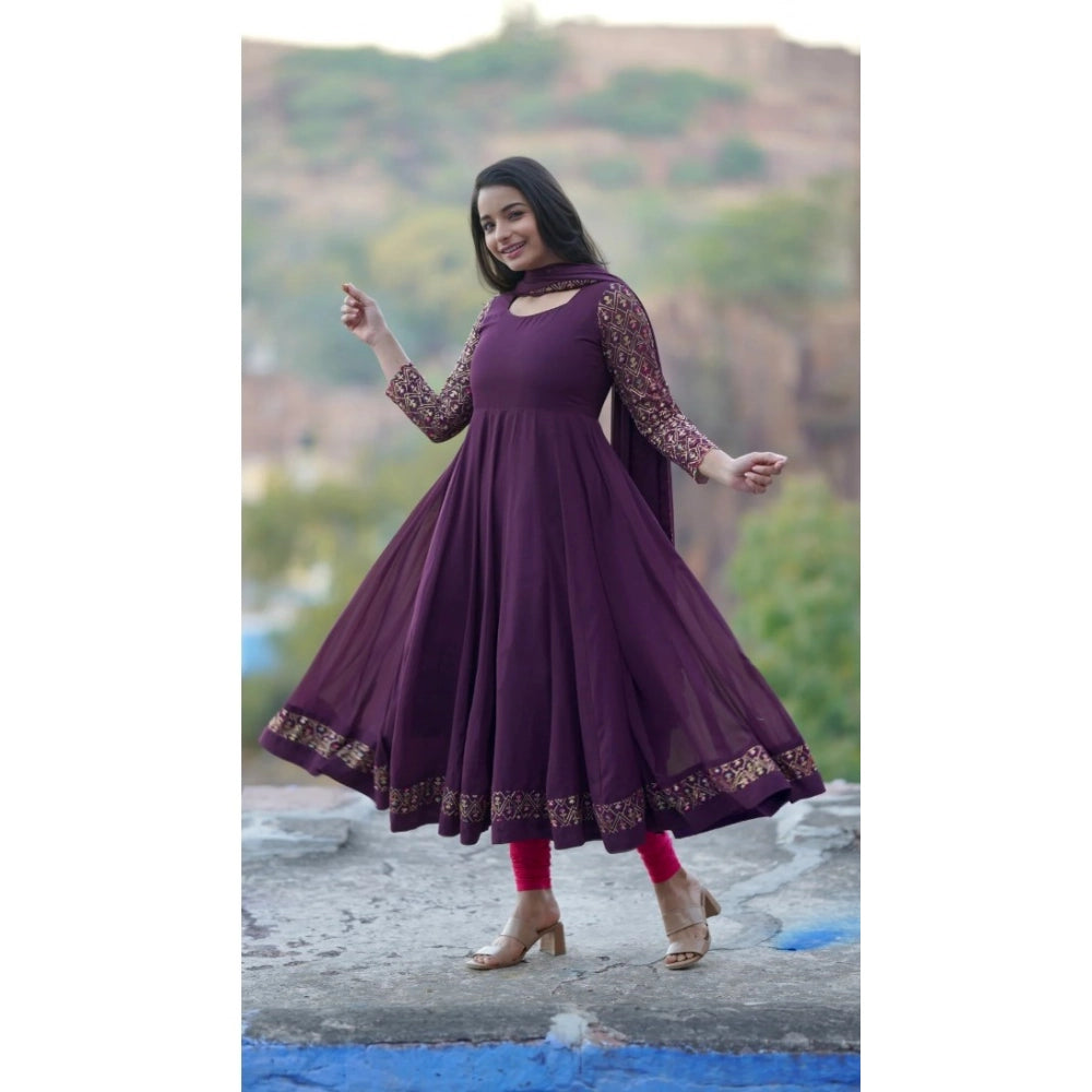 Women's Georgette Embroidery 3 4th Sleeve Round Neck Kurti With Dupatta Set (wine) | Women Signature Collection