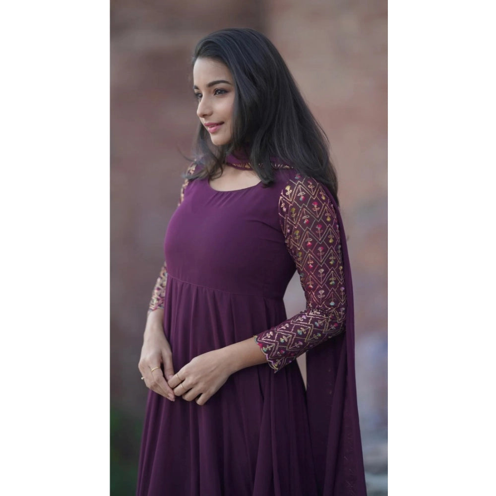 Women's Georgette Embroidery 3 4th Sleeve Round Neck Kurti With Dupatta Set (wine) | Women Signature Collection