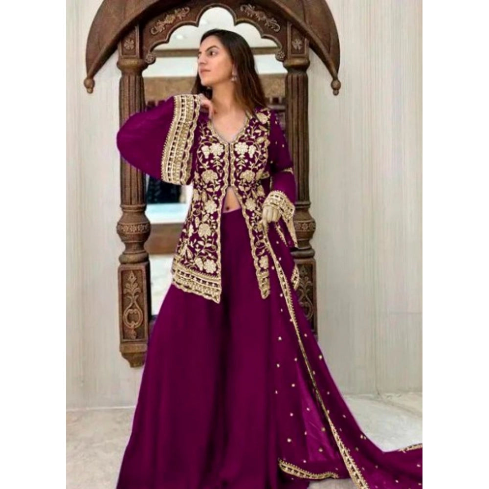 Women's Georgette Embroidery 3 4th Sleeve V Neck Kurti, Palazzo And Dupatta Set (wine) | Women Signature Collection
