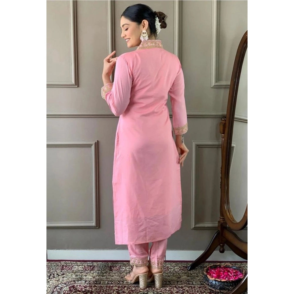 Women's Roman Silk Embroidery 3 4th Sleeve V Neck Kurti With Pant Dupatta Set (pink) | Women Signature Collection