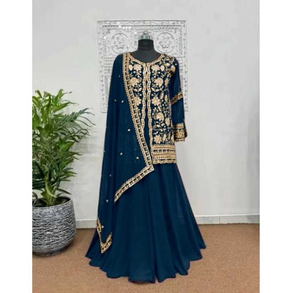 Women's Georgette Embroidery 3 4th Sleeve V Neck Kurti, Palazzo And Dupatta Set (morpich) | Women Signature Collection