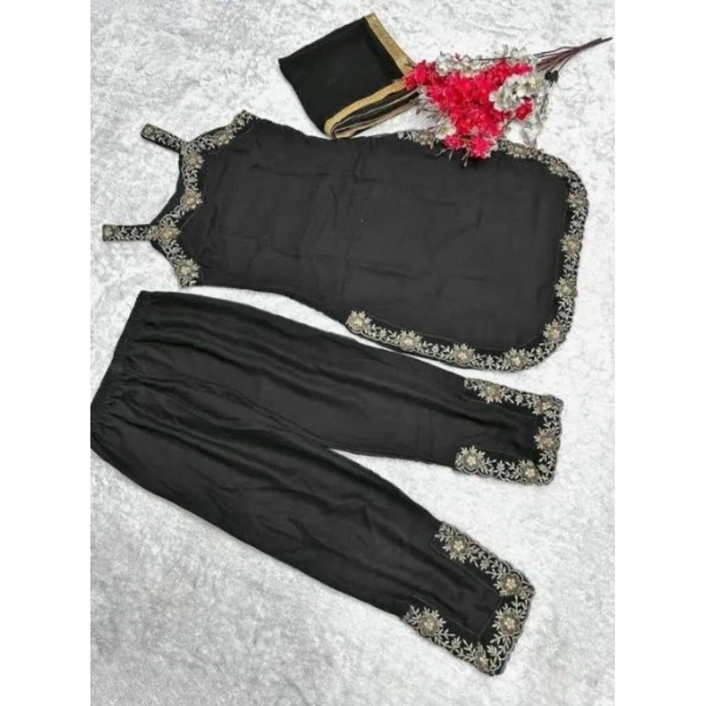 Women's Georgette Embroidery Sleeveless Round Neck Kurti, Palazzo And Dupatta Set (black) | Women Signature Collection