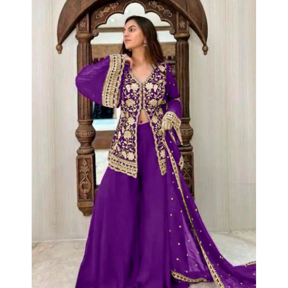 Women's Georgette Embroidery 3 4th Sleeve V Neck Kurti, Palazzo And Dupatta Set (purple) | Women Signature Collection