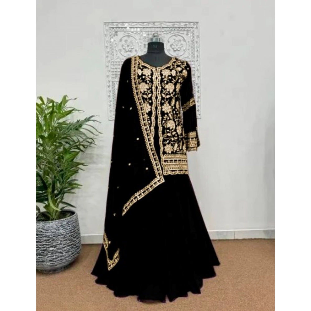 Women's Georgette Embroidery 3 4th Sleeve V Neck Kurti, Palazzo And Dupatta Set (black) | Women Signature Collection
