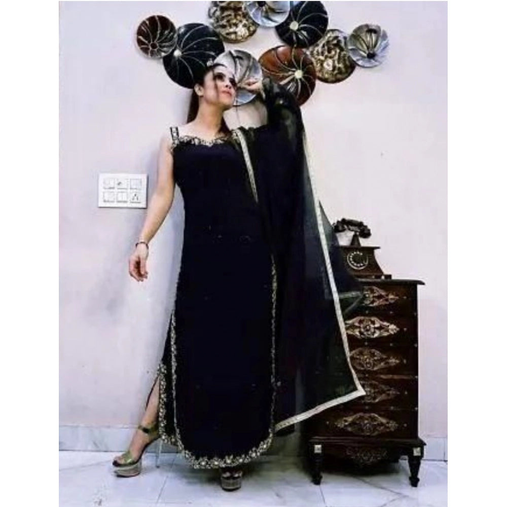 Women's Georgette Embroidery Sleeveless Round Neck Kurti, Palazzo And Dupatta Set (black) | Women Signature Collection