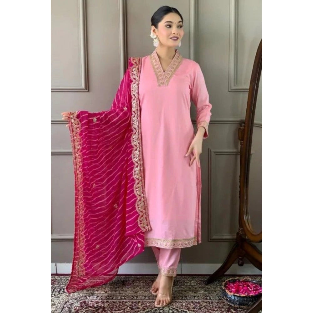 Women's Roman Silk Embroidery 3 4th Sleeve V Neck Kurti With Pant Dupatta Set (pink) | Women Signature Collection