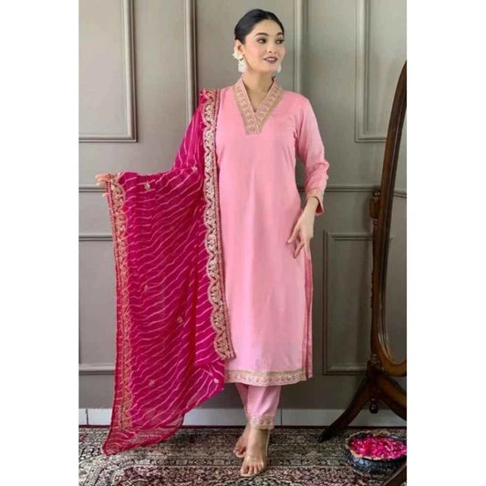 Blush Celine Roman Silk Embroidery 3/4 Sleeve V-Neck Kurti with Pant Dupatta Set