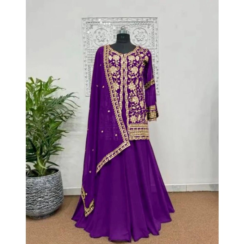 Women's Georgette Embroidery 3 4th Sleeve V Neck Kurti, Palazzo And Dupatta Set (purple) | Women Signature Collection
