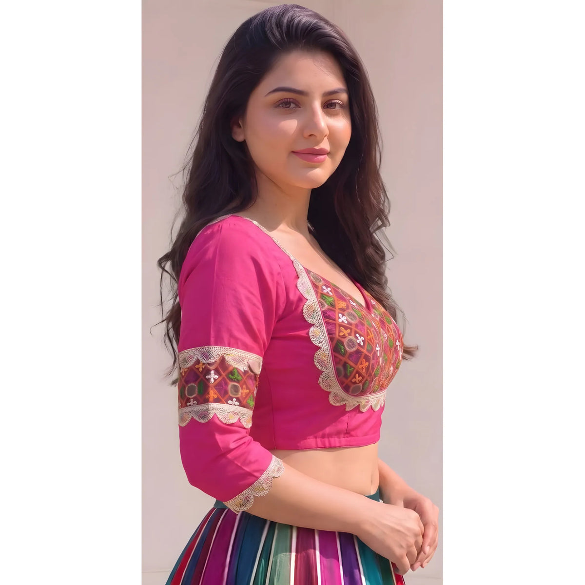 Rose Women's Cotton Blend Embroidered 3/4 Sleeve V-Neck Padded Readymade Blouse