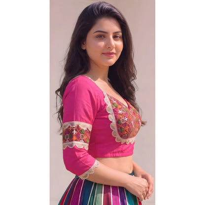 Rose Women's Cotton Blend Embroidered 3/4 Sleeve V-Neck Padded Readymade Blouse