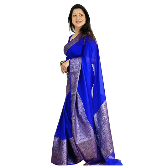 Women's Soft Lichi Silk Solid Saree With Unstitched Blouse 5.5Mtr (Blue)